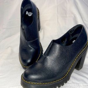 Dr. Martens Black Leather Platform Heel Slip-On Booties with Yellow Stitching